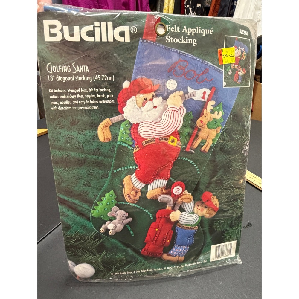 Vintage 1996 Bucilla Golfing Santa 18" Felt Applique Stocking Kit 83383 NEW